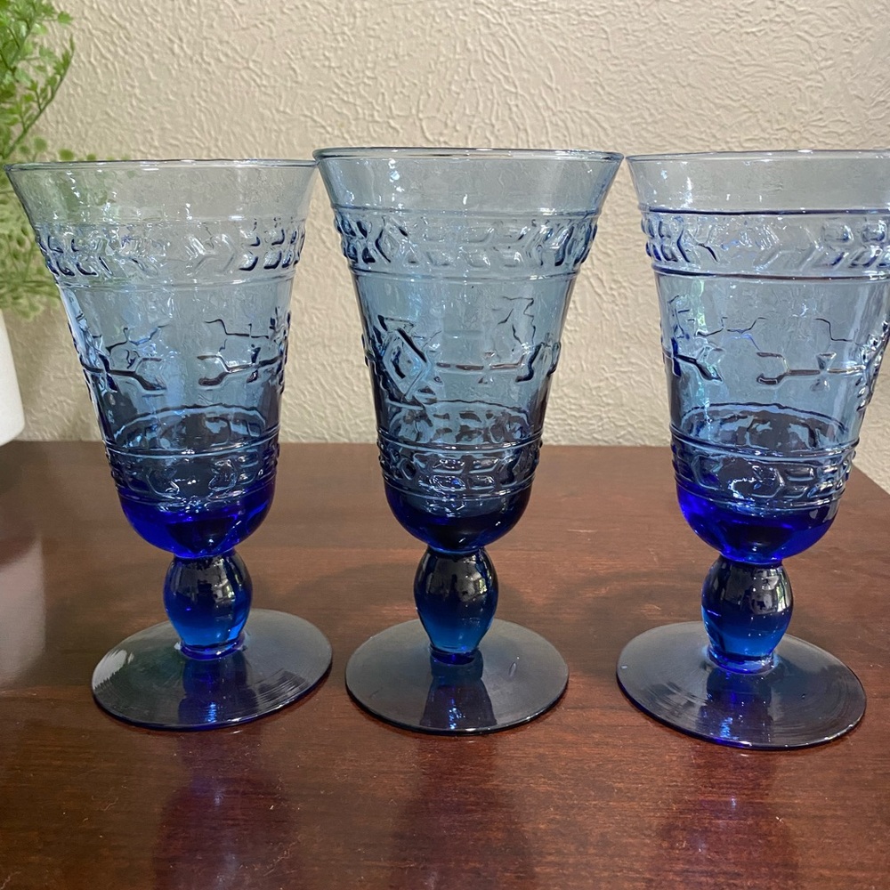 Vintage, Set of 3, Cobalt Blue Stemmed Goblets with a Navajo Indian Design